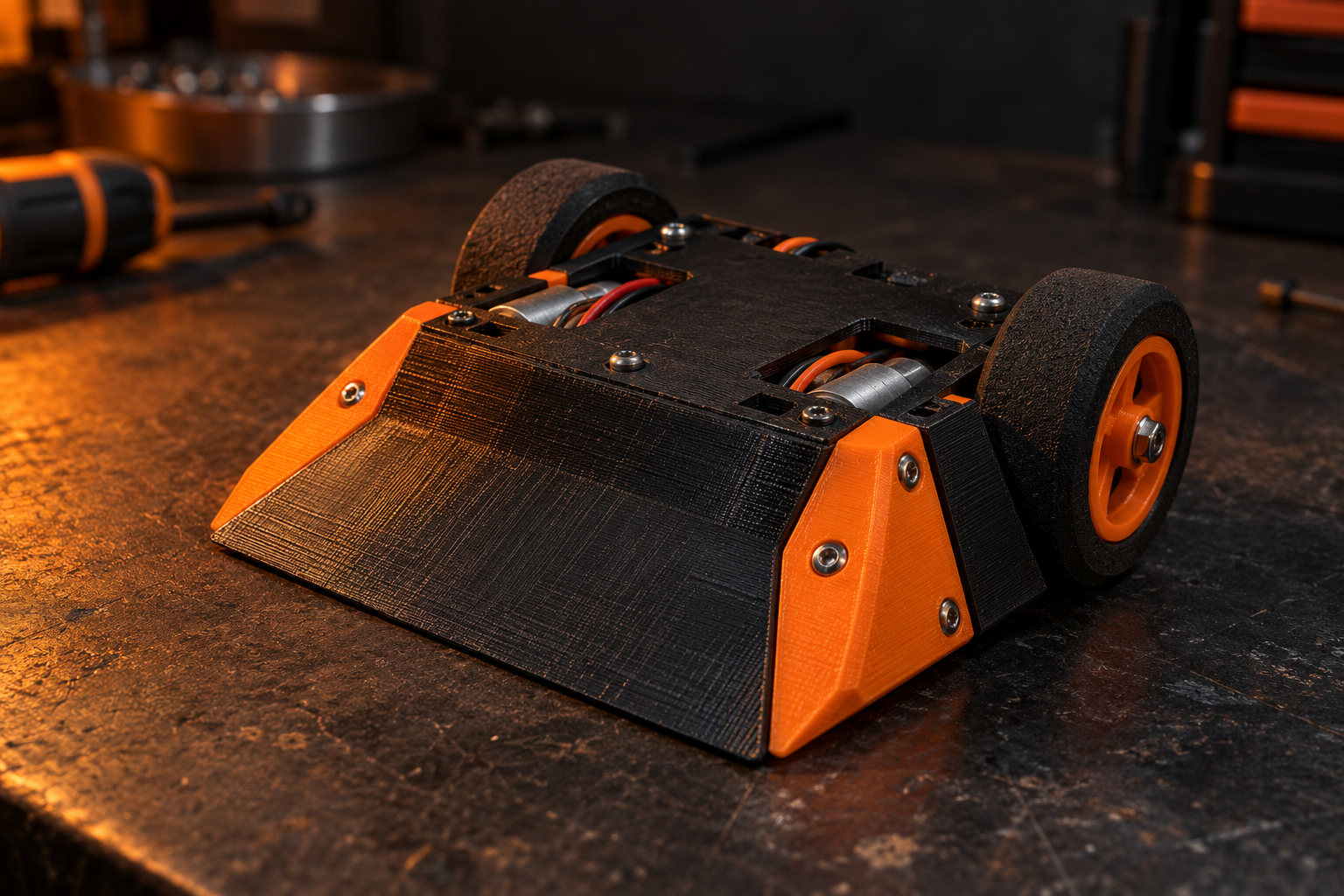 Illustrative orange and black plastic combat robot on a workshop table
